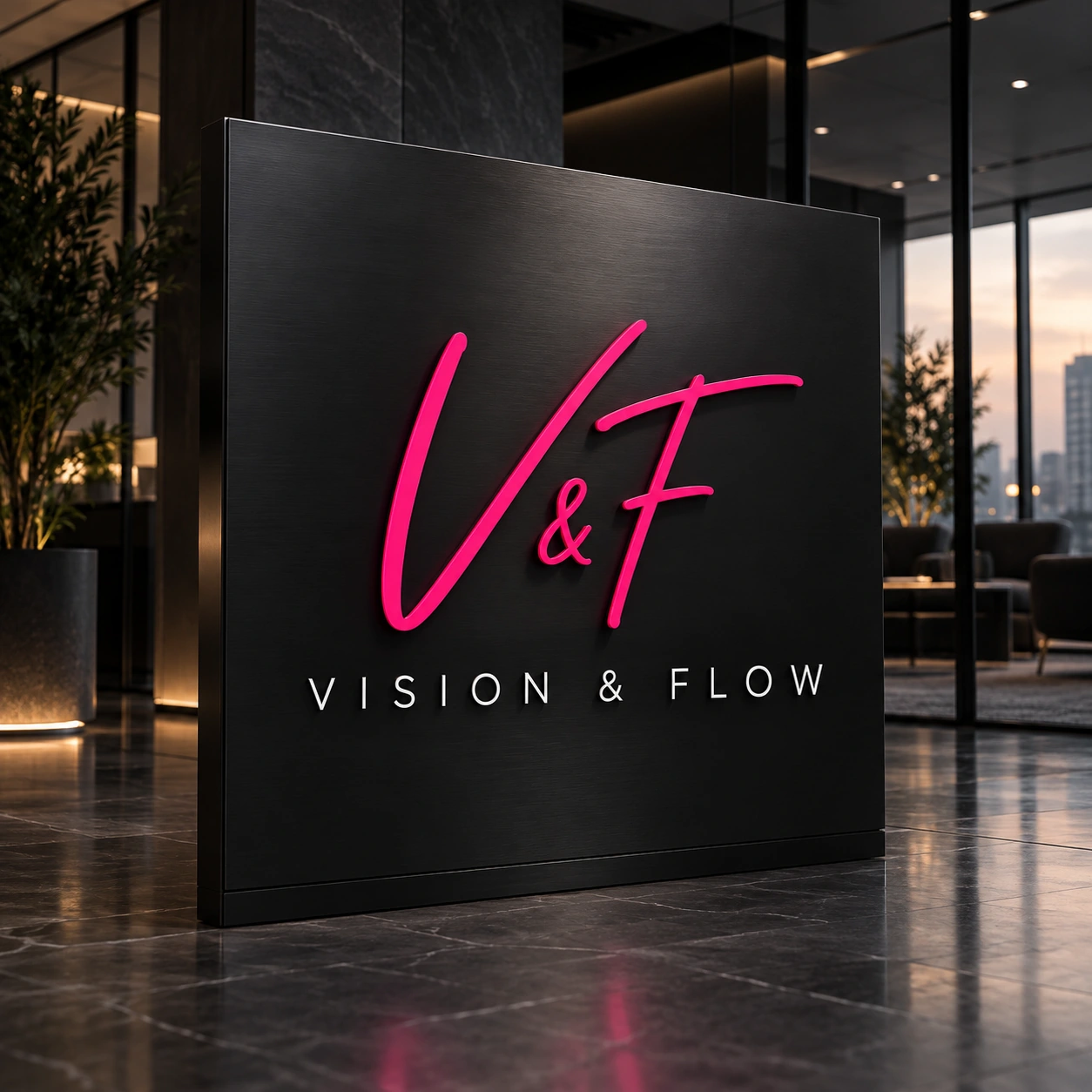 Vision & Flow auf einem schwarzen Empfangsschild mit pinkem Logo